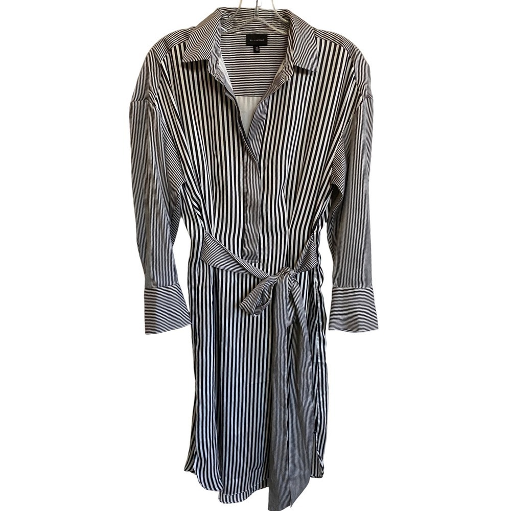 Who What Wear Black White Striped Long Sleeve Midi Shirt Dress Tie Waist XS